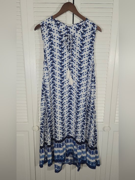beachlunchlounge Dresses & Skirts - Beach Lunch Lounge Boho Sleeveless Tassel Ruffled Blue White Hi Lo Dress Sz L